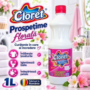 Înălbitor Parfumat Floral Cloret, pentru Rufe Albe și Igienizarea Băii, Îndepărtează Petele și Murdăria, Parfum Floral, 1 L