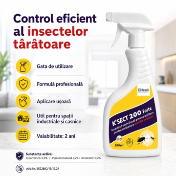 Insecticid spray K-Sect 200 Forte, pentru insecte târâtoare, gândaci, furnici, purici, căpușe și alte artropode, gata de utilizare, cu Cipermetrin, Piperonil butoxid și Tetrametrin, 500 ml, 4x Stickere - Img 6