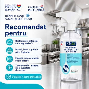 KlinAll Degresant Dezinfectant Bucătărie Klintensiv, curăță, degresează și dezinfectează în 5 minute, biodegradabil peste 98%, pentru HoReCa și uz profesional, 1 L, 4x Stickere - Img 4