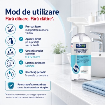 KlinAll Dezinfectant Antimucegai Klintensiv, soluție profesională PT2, bactericidă, fungicidă, levuricidă și virucidă în 5 minute, pentru baie, bucătărie, faianță, gresie, sticlă, inox și plastic, 500 ml, 4x Stickere - Img 5