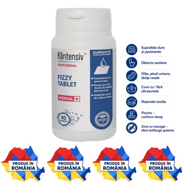 Klintensiv Fizzy Tablet dezinfectant efervescent multifuncțional, TP2, pentru suprafețe, pavimente, textile și obiecte sanitare, bactericid, fungicid, virucid și sporicid, aviz biocid, 40 tablete, 4x Stickere