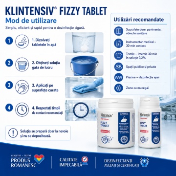 Klintensiv Fizzy Tablet tablete dezinfectante efervescente, soluție 0,2%, pentru spitale, clinici, școli, hoteluri, săli de sport și spații publice, aviz biocid, 75 tablete, 4x Stickere - Img 4