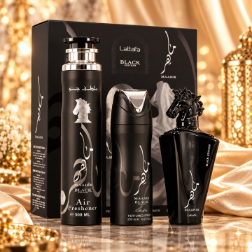 Lattafa Set cadou Maahir Black Spray + Spray + Air Freshener – Apă de parfum 100 ml + 200 ml, bărbați