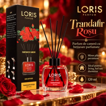 Loris Parfum Trandafir Roșu 120 ml – Odorizant de Cameră cu Bețișoare Parfumate