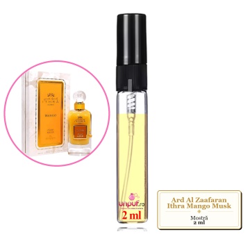 Mostra fiola din Parfumul Ard Al Zaafaran Ithra Mango Musk, decant sticla cu pulverizator