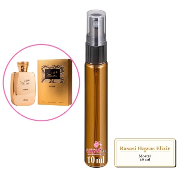 Mostra fiola din Parfumul Rasasi Hawas Elixir, decant sticla cu pulverizator