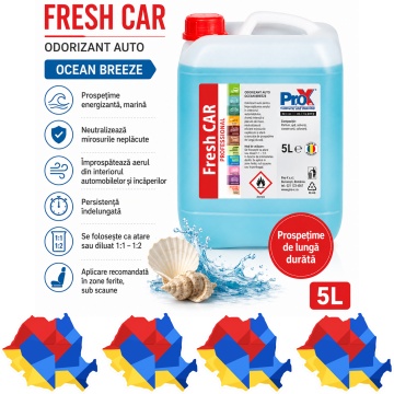 Odorizant auto PRO X Fresh CAR Ocean Breeze, aromă fresh marină, prospețime intensă, neutralizare mirosuri, parfum persistent pentru interior auto și încăperi, 5 L, 4x Stickere