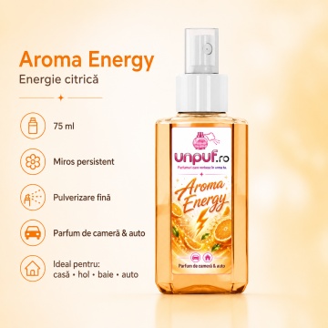 Odorizant auto si casa Unpuf Aroma Energy, cu pulverizator, aroma citrica energizanta, improspatare aer si parfum de durata, 75 ml