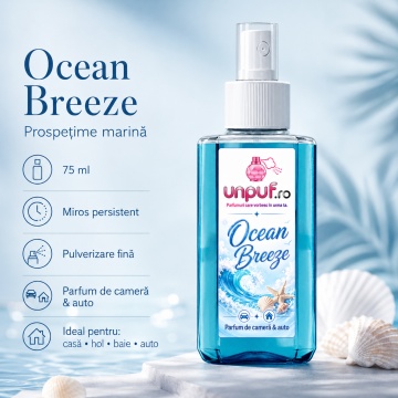 Odorizant auto si casa Unpuf Ocean Breeze, cu pulverizator, aroma fresh marina, improspatare aer si parfum de durata, 75 ml