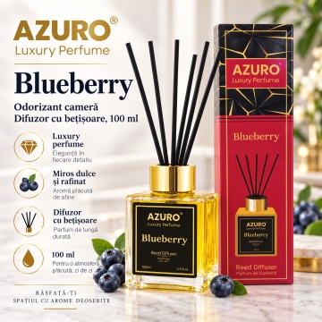Odorizant Cameră Azuro Blueberry Luxury Perfume, Difuzor cu Bețișoare, Parfum Fructat de Afine, 100 ml