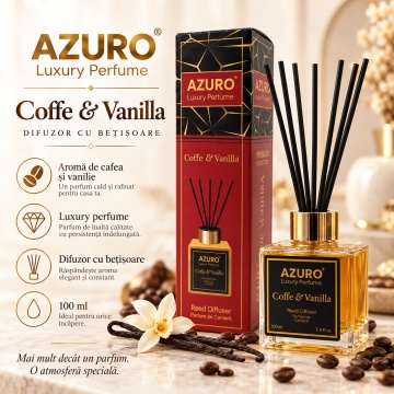 Odorizant Cameră Azuro Coffee & Vanilla Luxury Perfume, Difuzor cu Bețișoare, Parfum Cafea și Vanilie, 100 ml
