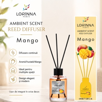 Odorizant de camera cu betisoare Lorinna Paris Ambient Scent Reed Diffuser, Mango, aroma fructata si tropicala, pentru living, dormitor, baie si hol, 120 ml