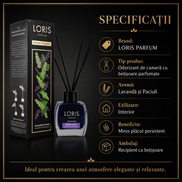 Odorizant de Cameră cu Bețișoare Parfumate Loris Parfum Lavandă și Paciuli, 120 ml, Esență Floral Lemnoasă, Miros Elegant și Persistent - Img 6