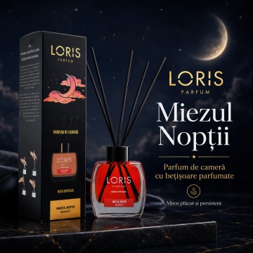 Odorizant de Cameră cu Bețișoare Parfumate Loris Parfum Miezul Nopții, 120 ml, Esență Elegantă Midnight, Miros Plăcut și Persistent