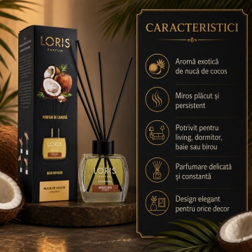 Odorizant de Cameră cu Bețișoare Parfumate Loris Parfum Nucă de Cocos, 120 ml, Esență Exotică de Cocos, Miros Plăcut și Persistent - Img 3