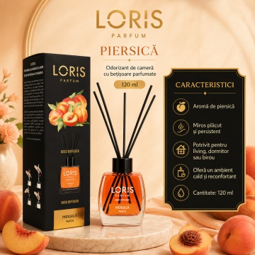 Odorizant de Cameră cu Bețișoare Parfumate Loris Parfum Peach, 120 ml, Esență Piersică, Miros Plăcut și Persistent - Img 2