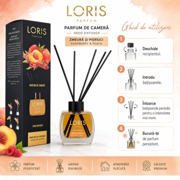 Odorizant de Cameră cu Bețișoare Parfumate Loris Parfum Zmeură și Piersică, 120 ml, Esență Fructată, Miros Plăcut și Persistent - Img 4