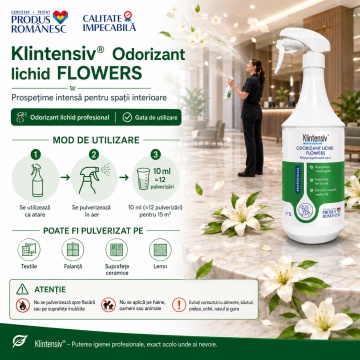Odorizant lichid profesional Klintensiv Flowers, parfum floral persistent, gata de utilizare, pentru spații interioare, birouri, hoteluri, restaurante, vestiare și locuințe, 1 L, 4x Stickere - Img 5
