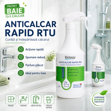 Pachet baie fara calcar Klintensiv Professional, Anticalcar Rapid RTU si odorizant profesional Flowers, curatare baie si parfum floral, 2 produse, 2x 1L, 4x Stickere - Img 2