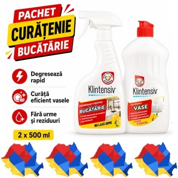 Pachet bucatarie esential Klintensiv, detergent de vase si degresant bucatarie, curatare si degresare rapida, 2x 500 ml, 4x Stickere