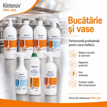 Pachet complet curatenie profesionala Klintensiv PRO 360, detergenti vase, degresanti, pardoseli, baie, multisuprafete, geamuri, textile si odorizare, 19 produse, 17.75 L, 4x Stickere - Img 2