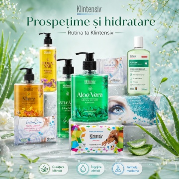 Pachet complet ingrijire Klintensiv, sapun Aloe Vera si Miere 500 ml, geluri Floral Sail si Silk Garden 400 ml, sampon Anti-Cadere 400 ml, KLINDENT 500 ml, servetele IntimCare, demachiante, hartie umeda si dezinfectante, 10 produse, 4x Stickere - Img 2