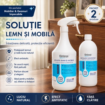 Pachet curatare mobilier si geamuri Klintensiv Professional, solutie pentru lemn si mobila, Klinglass Concentrat pentru sticla, 2 produse, 2x 1 L. 4x Stickere - Img 2