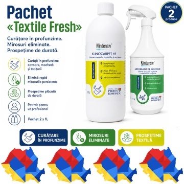 Pachet curatare textile si eliminare mirosuri Klintensiv Professional Textile Fresh, KLINOCARPET HF si absorbant profesional, 2x 1 L, 4x Stickere