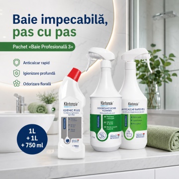 Pachet curatenie baie Klintensiv Professional Baie Profesionala 3, Anticalcar Rapid RTU, Igienic Plus cu clor si odorizant Flowers, 3 produse, 2.75 L, 4x Stickere - Img 2