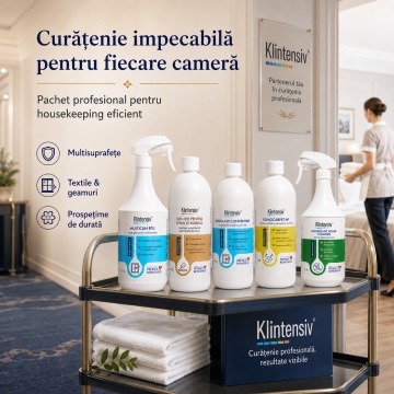 Pachet curatenie hotel pensiune si apartament Klintensiv Professional, MultiClin RTU, solutie mobila, Klinglass geamuri, KLINOCARPET HF si odorizant Flowers, 5 produse, 5 L, 4x Stickere - Img 2