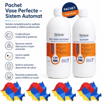 Pachet detergent si aditiv clatire masina de spalat vase Klintensiv Professional PRO DISH si KLINDRY, sistem automat profesional, 2 produse, 2x 1L, 4x Stickere