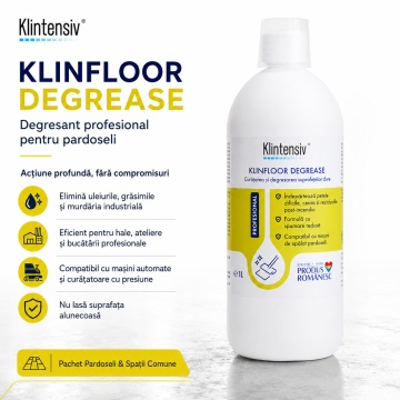 Pachet detergenti pardoseli si spatii comune Klintensiv Professional, KLINFLOOR DEGREASE, DAILY, SHINE, MultiClin RTU si odorizant Flowers, 5 produse, 5 L, 4x Stickere - Img 2