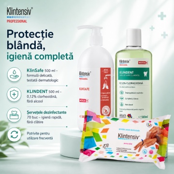Pachet igiena completa Klintensiv, KlinSafe sapun lichid delicat 500 ml, KLINDENT apa de gura cu Clorhexidina 0.12% 500 ml si servetele dezinfectante maini 70 buc, 3 produse, 4x Stickere - Img 2