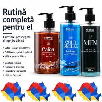 Pachet ingrijire barbati Klintensiv, sapun lichid Cafea 500 ml, gel de dus Cold Breeze 400 ml si sampon cu Zinc PCA si Pantenol 400 ml, 3 produse, 1.3 L, 4x Stickere