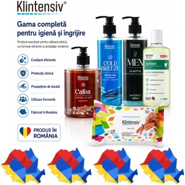 Pachet ingrijire barbati Klintensiv, sapun lichid Cafea 500 ml, gel de dus Cold Breeze 400 ml, sampon cu Zinc PCA si Pantenol 400 ml, apa de gura KLINDENT cu Clorhexidina 0.12% 500 ml si servetele dezinfectante 70 buc, 4x Stickere