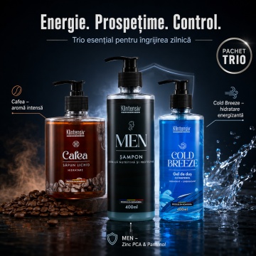 Pachet ingrijire barbati Klintensiv, sapun lichid Cafea 500 ml, gel de dus Cold Breeze 400 ml si sampon cu Zinc PCA si Pantenol 400 ml, 3 produse, 1.3 L, 4x Stickere - Img 2