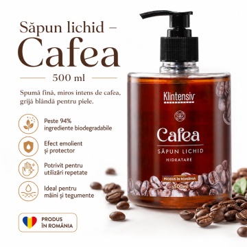 Pachet ingrijire barbati Klintensiv, sapun lichid Cafea 500 ml, gel de dus Cold Breeze 400 ml, sampon cu Zinc PCA si Pantenol 400 ml, apa de gura KLINDENT cu Clorhexidina 0.12% 500 ml si servetele dezinfectante 70 buc, 4x Stickere - Img 2
