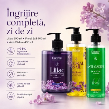 Pachet ingrijire completa Klintensiv, sapun lichid Liliac 500 ml, gel de dus hidratant Floral Sail 400 ml si sampon Anti-Cadere 400 ml, 3 produse, 1.3 L, 4x Stickere - Img 2