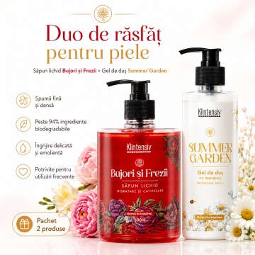 Pachet ingrijire corp Klintensiv, sapun lichid Bujori si Frezii 500 ml si gel de dus hidratant Summer Garden 400 ml, 2 produse, 900 ml, 4x Stickere - Img 2