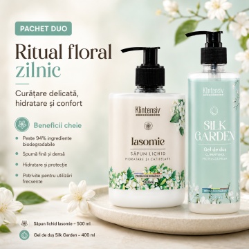 Pachet ingrijire corp Klintensiv, sapun lichid Iasomie 500 ml si gel de dus hidratant Silk Garden 400 ml, 2 produse, 900 ml, 4x Stickere - Img 2