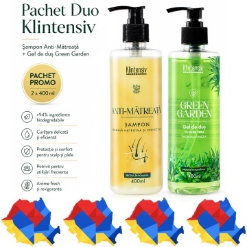 Pachet ingrijire par si corp Klintensiv, sampon Anti-Matreata 400 ml si gel de dus hidratant Green Garden 400 ml, 2 produse, 800 ml, 4x Stickere