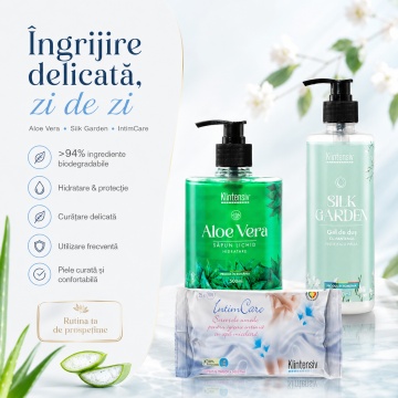 Pachet ingrijire personala Klintensiv, sapun lichid Aloe Vera 500 ml, gel de dus hidratant Silk Garden 400 ml si servetele intime IntimCare 40 buc, 3 produse, 4x Stickere - Img 2