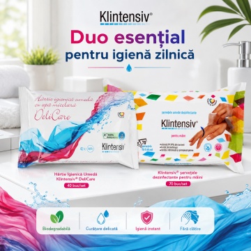 Pachet servetele umede Klintensiv, hartie igienica umeda biodegradabila 40 buc si servetele dezinfectante pentru maini 70 buc, 2 seturi, 110 servetele, 4x Stickere - Img 2
