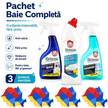 Pachet solutii curatenie baie, WC, geamuri si oglinzi Klintensiv, anticalcar, detartrant si efect antistatic, 3 produse, 1,75 L, 4x Stickere