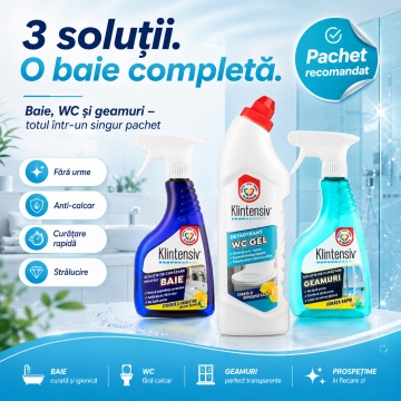Pachet solutii curatenie baie, WC, geamuri si oglinzi Klintensiv, anticalcar, detartrant si efect antistatic, 3 produse, 1,75 L, 4x Stickere - Img 6