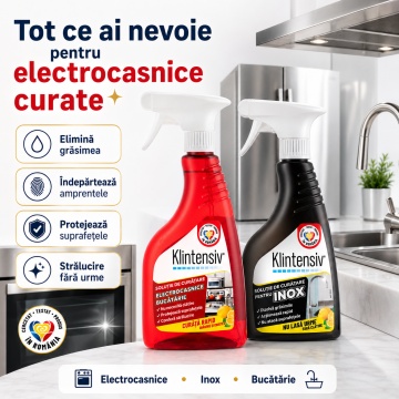 Pachet solutii curatenie electrocasnice si inox Klintensiv, spray pentru frigidere, hote, cuptoare si suprafete inox, fara urme, 2x 500 ml, 4x Stickere - Img 6