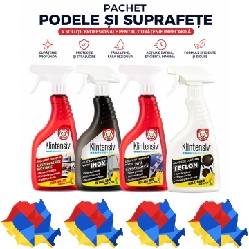 Pachet solutii curatenie electrocasnice si suprafete delicate Klintensiv, pentru inox, plita vitroceramica, teflon si aparate electrocasnice, 4x 500 ml, 4x Stickere