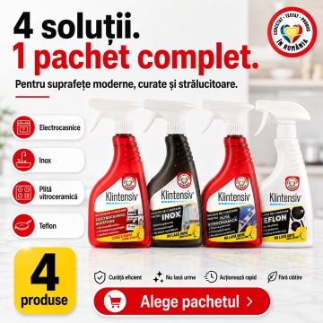 Pachet solutii curatenie electrocasnice si suprafete delicate Klintensiv, pentru inox, plita vitroceramica, teflon si aparate electrocasnice, 4x 500 ml, 4x Stickere - Img 6