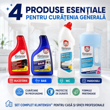 Pachet solutii curatenie generala intensiva Klintensiv, degresant cu bicarbonat, solutie baie, gel detartrant WC si detergent pardoseli, 4 produse, 2,75 L, 4x Stickere - Img 6