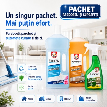 Pachet solutii curatenie pardoseli, parchet si suprafete Klintensiv KlinSmart, detergent pardoseli, solutie parchet si protectie remanenta, 3 produse, 2,5 L, 4x Stickere - Img 6